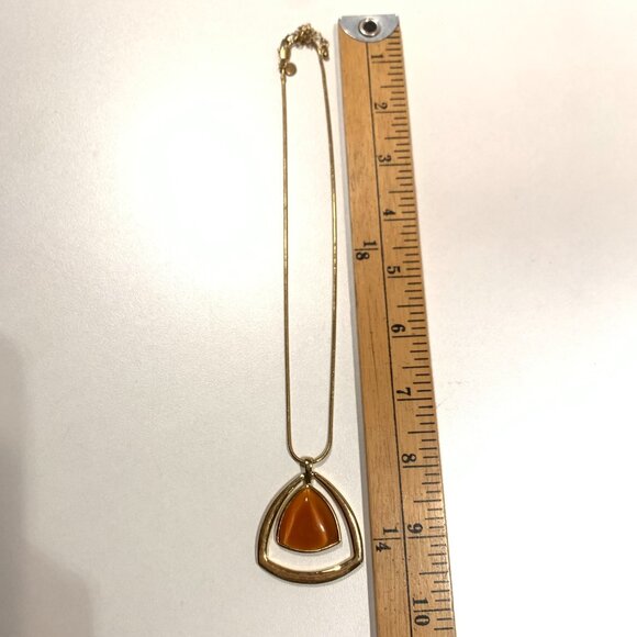 M&S Gold Tone Pendant Necklace Cat Eye Stone Modernist Vintage Style Statement - Picture 5 of 7